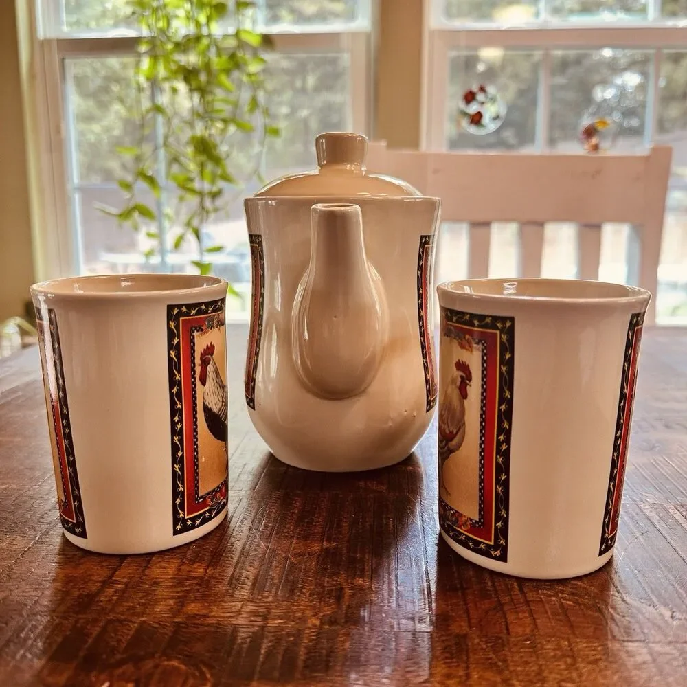 Bay Island Inc. Rooster Brand Ceramic Tea Set-Teapot with Lid & 2 Matching Mugs
